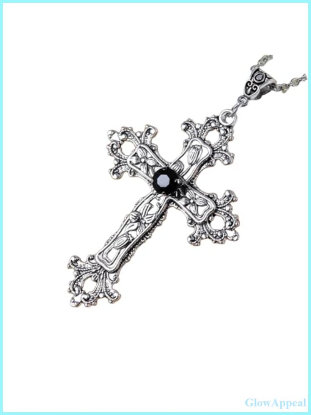 Large Gothic Cross Necklace Silver-Tone Black Glass Stone 24" Steel Chain